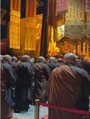 Monastics gathered for a morning chanting practice