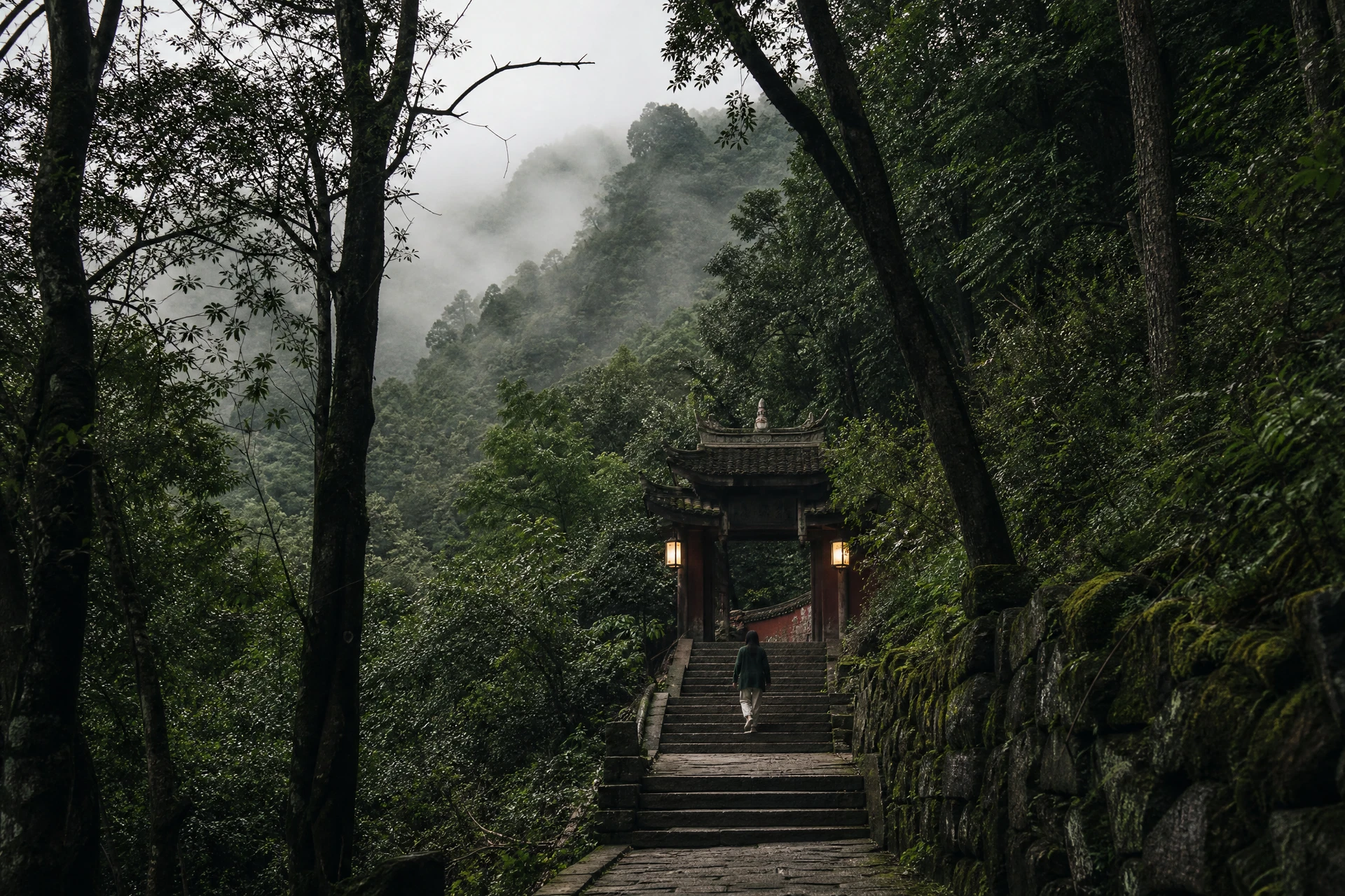 Mist-covered Emei Mountain landscape for the China Zen Retreat
