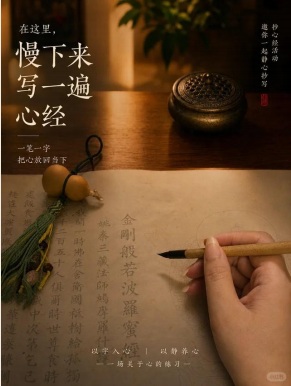 A close view of a contemplative sutra-copying practice